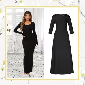 🌺 MAXI DRESS LONG SLEEVE PLAIN BASIC BOHO GOTHIC FLARE NATURAL BLACK WICCAN
